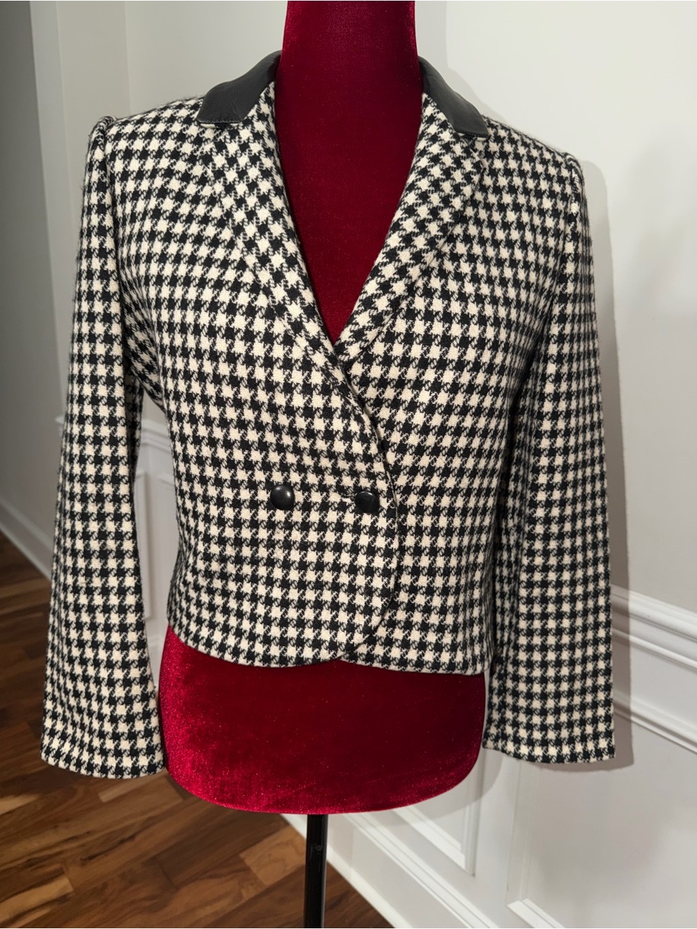 VTG‎ Florence Paris Houndstooth Wool Blazer Jacket Leather Collar France